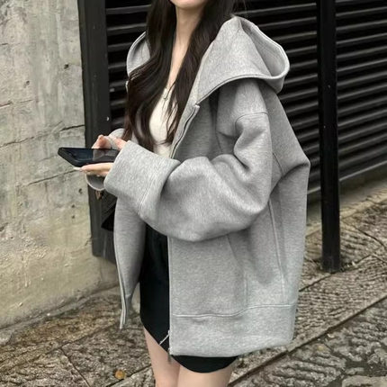 灰色连帽卫衣女秋冬oversize美式高街开衫外套宽松慵懒风加绒上衣