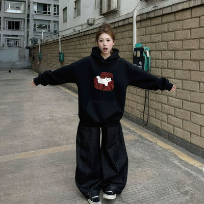 韩系巨好看的黑色连帽女士卫衣2025新款秋冬季加绒加厚高级感外套