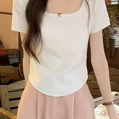 白色U领短袖t恤女夏季2025新款爆款修身法式甜美温柔风低领上衣女
