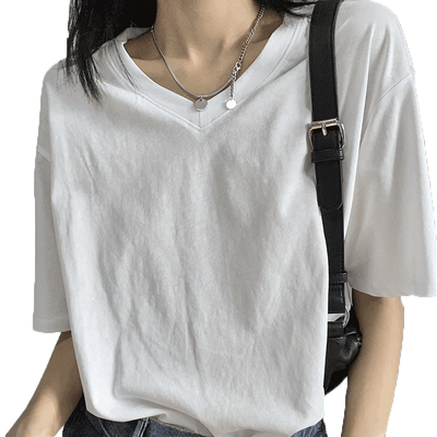 白色v领纯棉短袖t恤上衣女