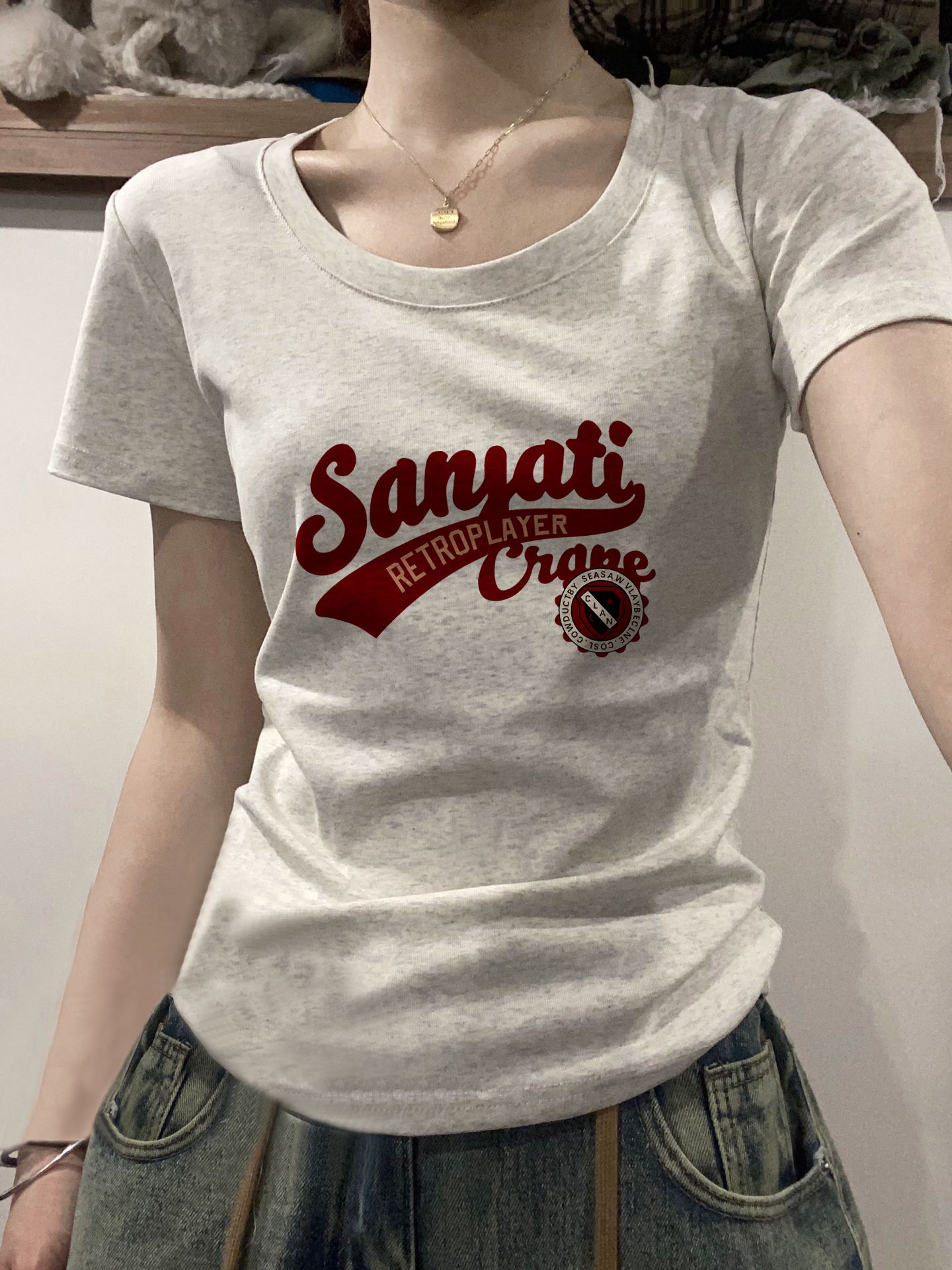 纯棉短袖t恤女2023新款夏季小众设计感复古港味chic正肩女装上衣
