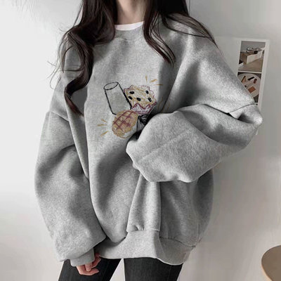 秋冬季加绒加厚灰色圆领卫衣女2025新款爆款时尚洋气巨好看的上衣