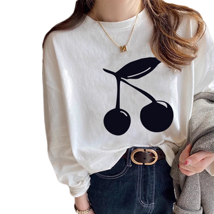 白色纯棉长袖t恤女装2026新款秋冬季加绒打底衫宽松上衣早春穿搭