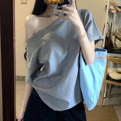 高级感斜肩露肩纯棉短袖T恤女2025新款夏季宽松韩版慵懒风上衣服