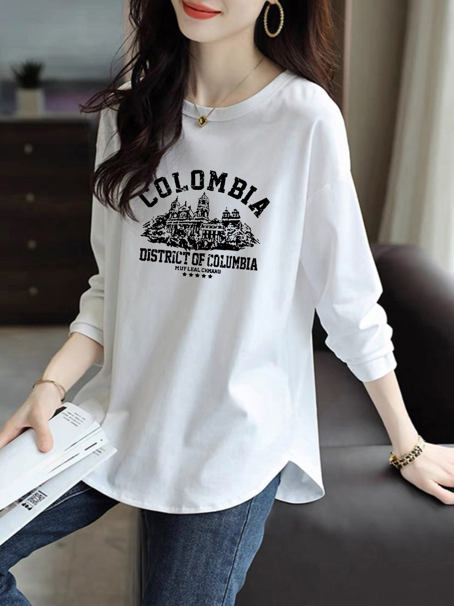 白色纯棉长袖t恤女装中长款上衣