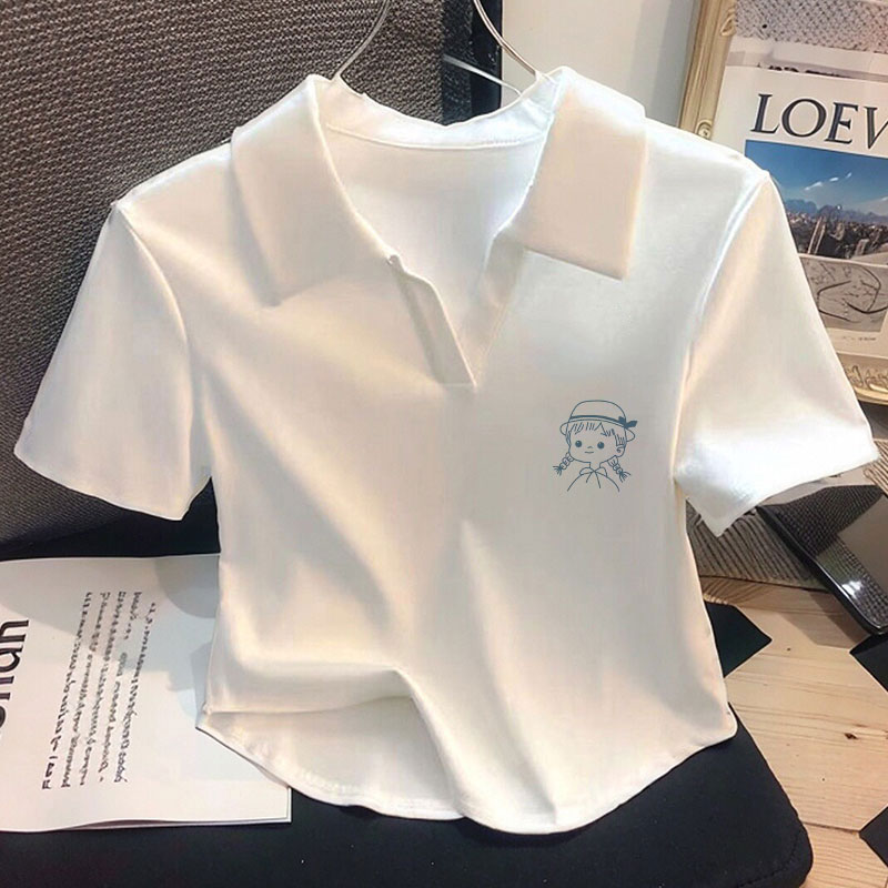 纯棉修身V领短款上衣女装2025早春新款夏季Polo领小衫正肩短袖t恤