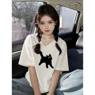 纯棉短袖t恤女2026新款夏季宽松显瘦韩版v领上衣慵懒风松弛感穿搭