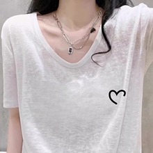 白色韩系正肩v领纯棉短袖t恤女2025新款爆款夏季宽松版上衣高级感