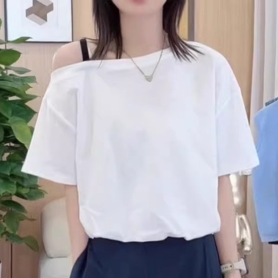 白色斜肩纯棉短袖T恤女2025夏季新款爆款小众高级设计感露肩上衣
