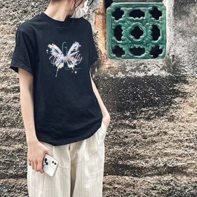 黑色纯棉短袖t恤女2025新款超火减龄欧货爆款夏季宽松慵懒风上衣