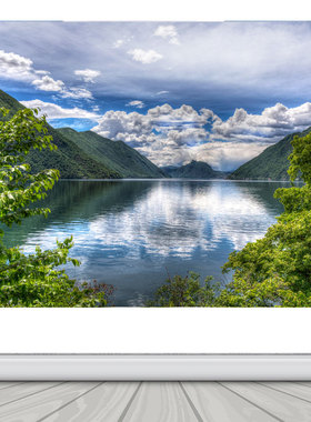 青山绿水山水画自粘贴画有山有水蓝天白云高山背景墙贴客厅装饰画