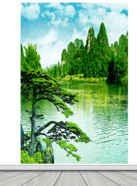 竖版迎客松招财画流水生财风景海报装饰画客厅玄关背景墙自粘贴画