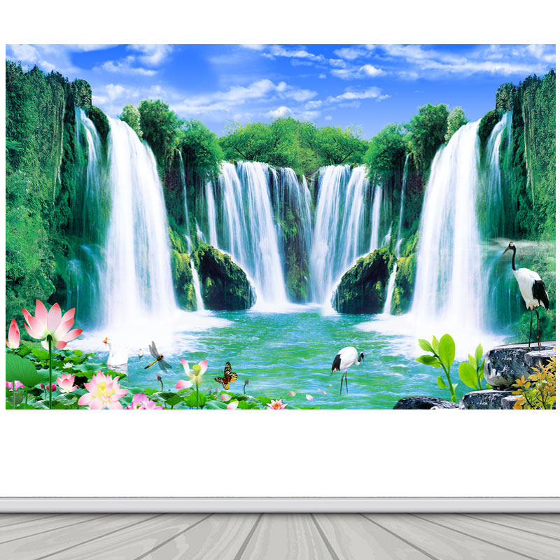 流水生财白鹤延年花开富贵山水画招财装饰画客厅办公室风景画