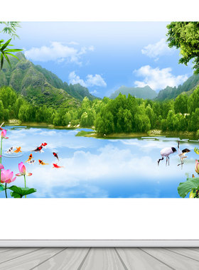 青山绿水风景壁画 荷花美景年年有鱼装饰画 客厅背景墙贴纸画