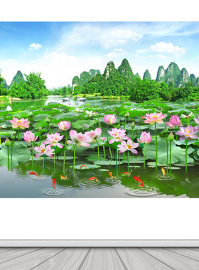 青山绿水荷花美景壁画 九鱼图富贵有余背景墙海报自粘贴纸墙画