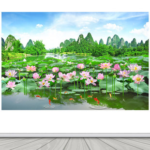青山绿水荷花美景壁画 九鱼图富贵有余背景墙海报自粘贴纸墙画