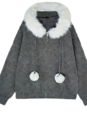 【陈书婷专享】韩系纯色连帽大毛领带球宽松针织开衫加厚外套949