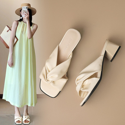 ZHR纽结粗跟拖鞋女外穿2026新款夏季女鞋百搭配裙子气质一字拖鞋