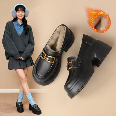 ZHR则则【头层牛皮】粗跟高跟鞋加绒英伦单鞋2025冬季新款小皮鞋