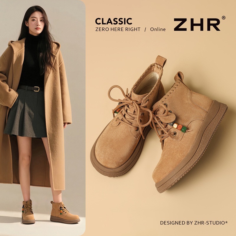 ZHR则则串珠复古厚底马丁靴女2025冬季新款加绒保暖舒适百搭短靴