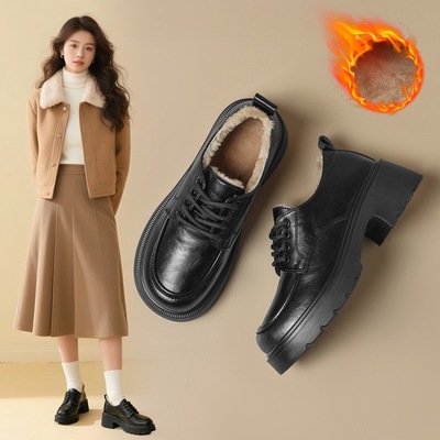 ZHR加绒乐福鞋英伦单鞋女2025新款冬季保暖厚底牛津鞋棕色棉鞋子