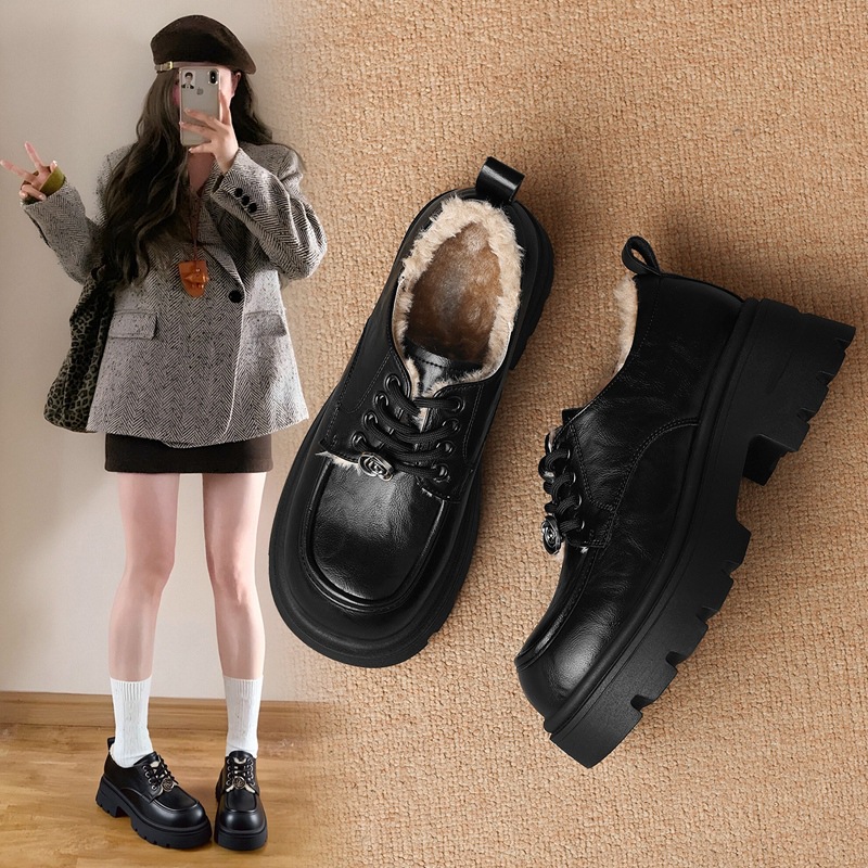 ZHR则则加绒保暖英伦单鞋乐福鞋2025冬季新款厚底增高小皮鞋女鞋