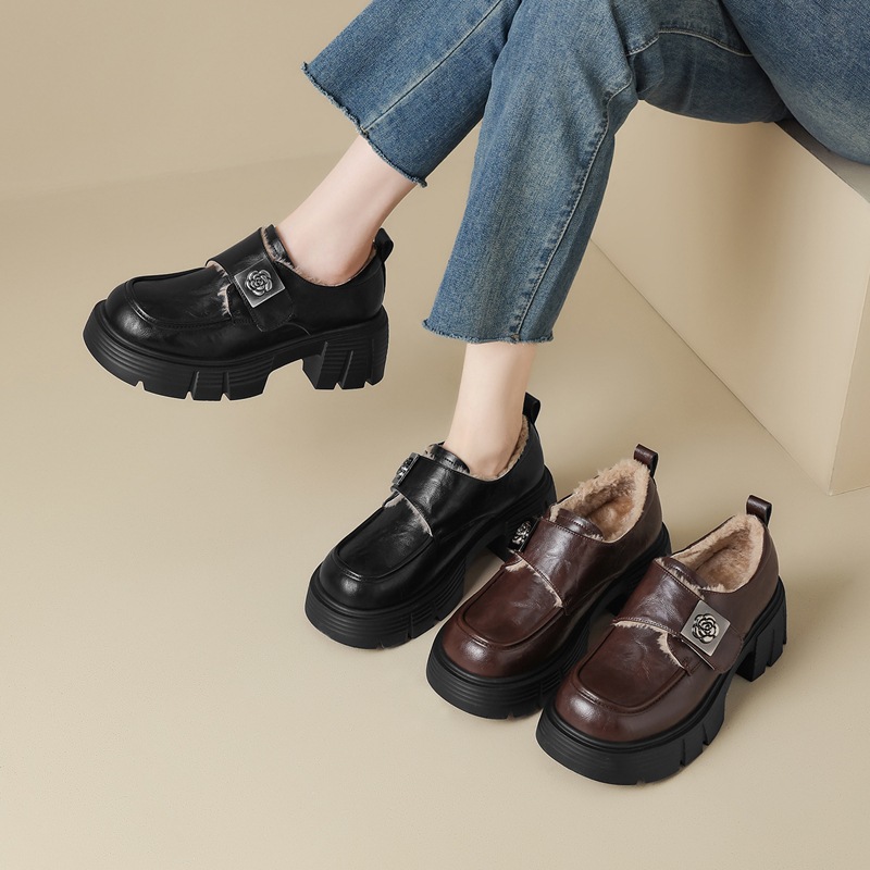 ZHR则则厚底英伦单鞋加绒保暖气质毛毛靴2025新款洋气小皮鞋女鞋