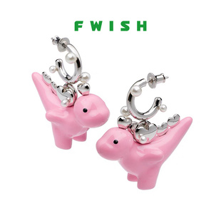 fwish飛未夕神奇動物粉色琺瑯恐龍珍珠耳環(huán)女小眾可愛耳夾耳飾