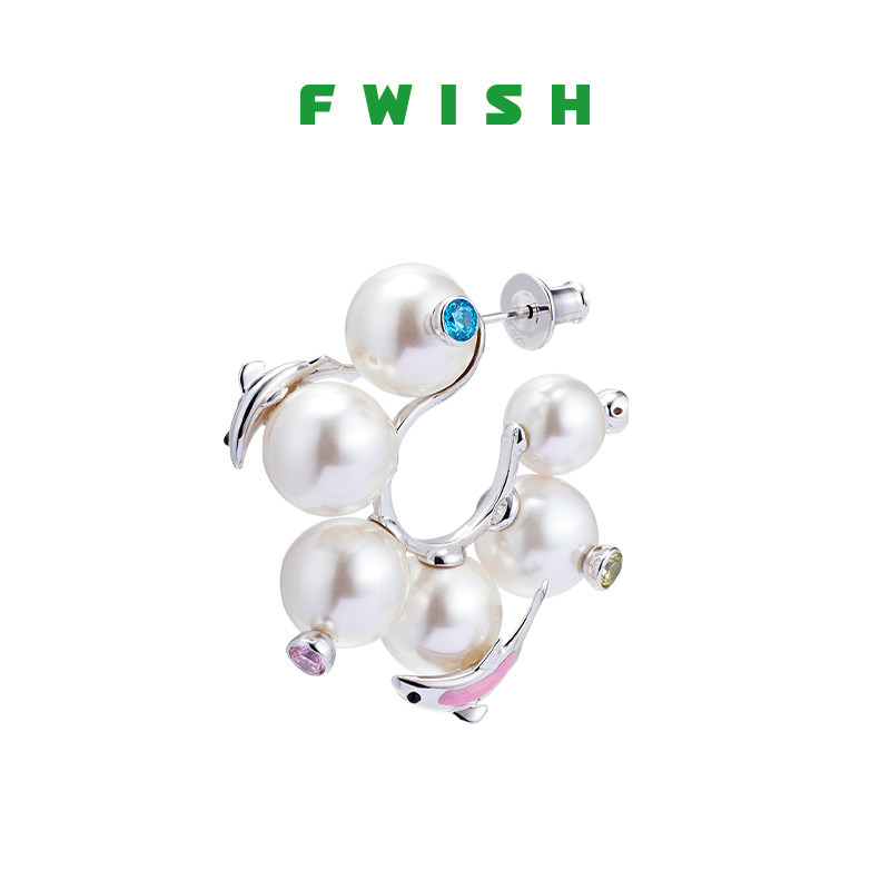 FWISH飞未夕 自由系列珍珠宝石小鱼耳环女礼物925纯银