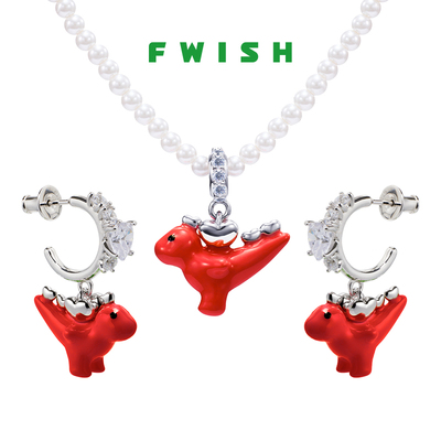 FWISH飞未夕 红色爱心小恐龙珍珠项链耳环新年圣诞礼物