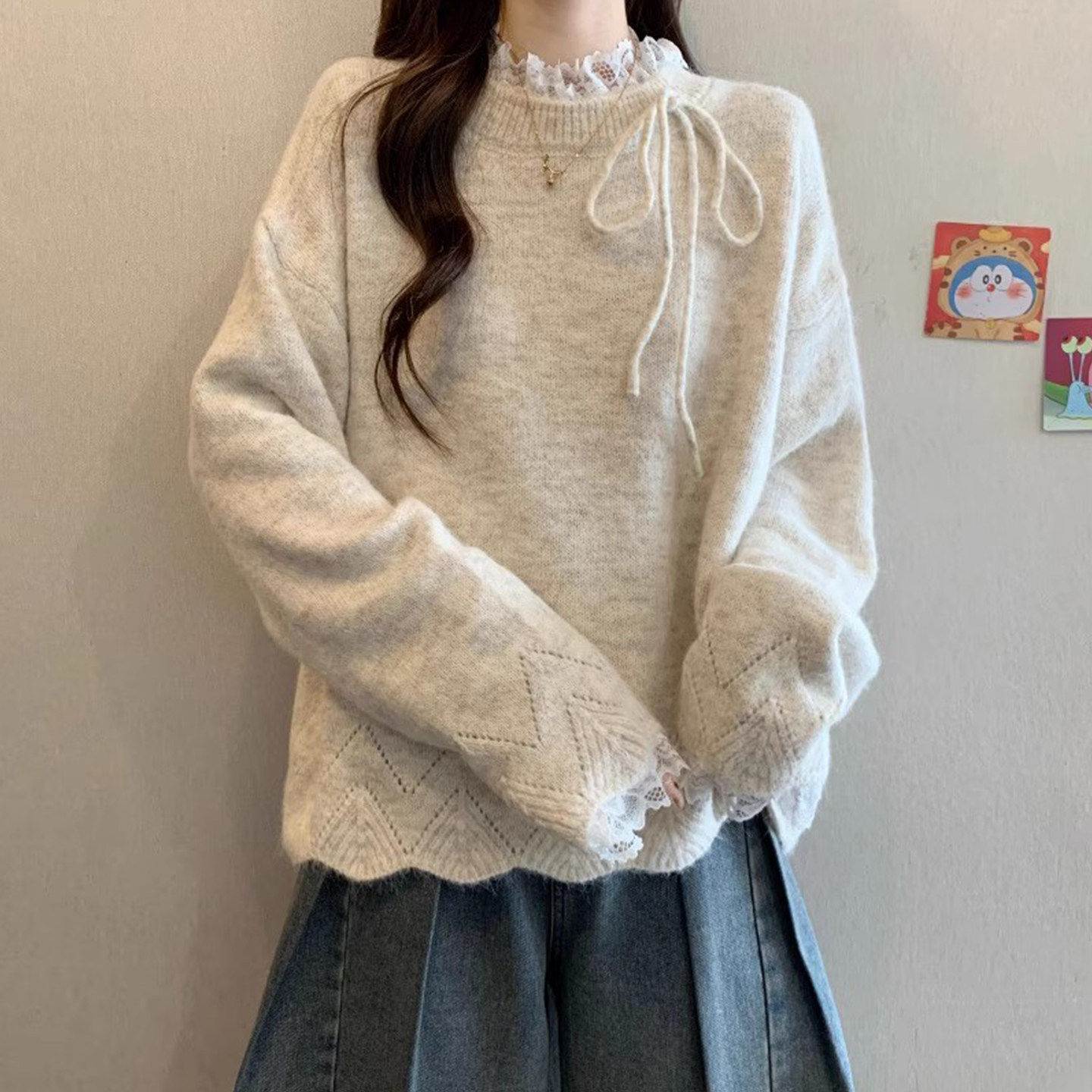 大码高级感蕾丝拼接毛衣女装秋冬胖mm显瘦正肩内搭针织打底衫上衣