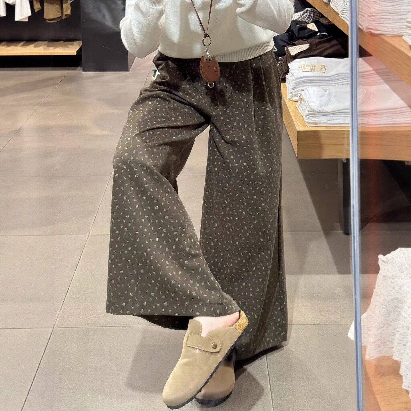 松弛感碎花直筒休闲裤女2026春季新款大码胖mm高腰宽松显瘦阔腿裤