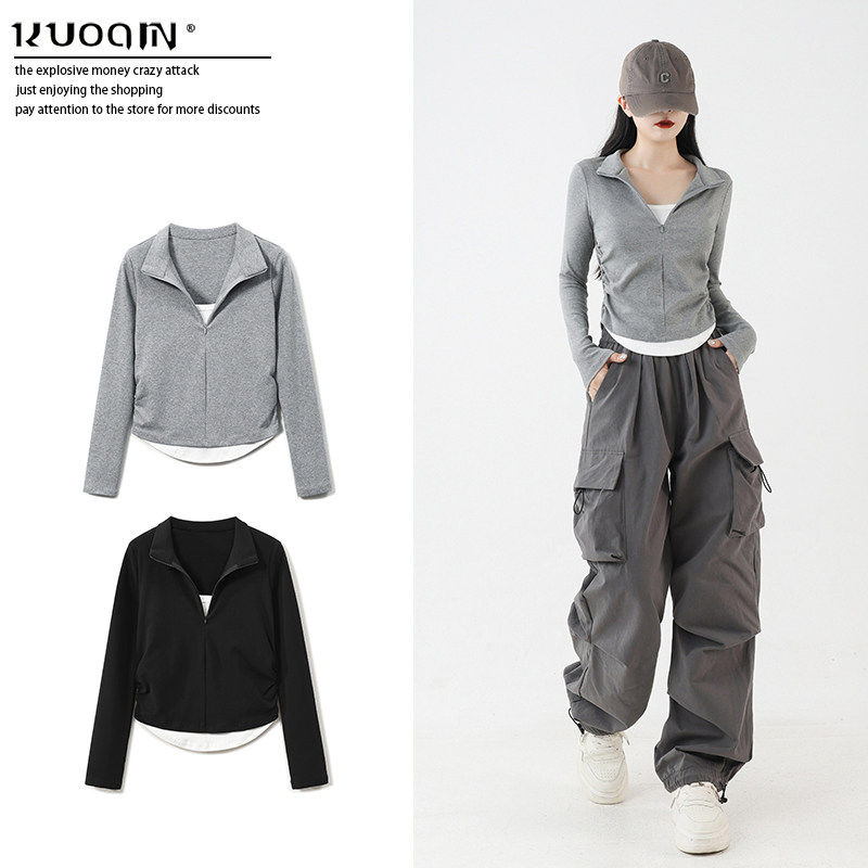 正肩假两件叠穿短款上衣女秋纯棉立领长袖T恤酷飒风爵士舞穿搭