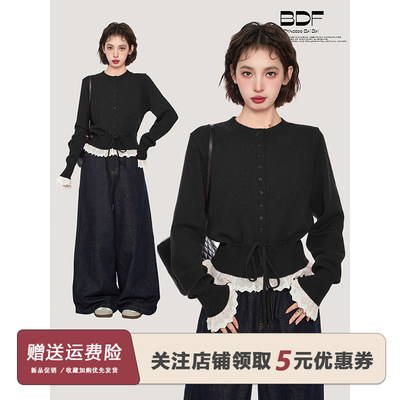 黑色假两件蕾丝针织毛衣