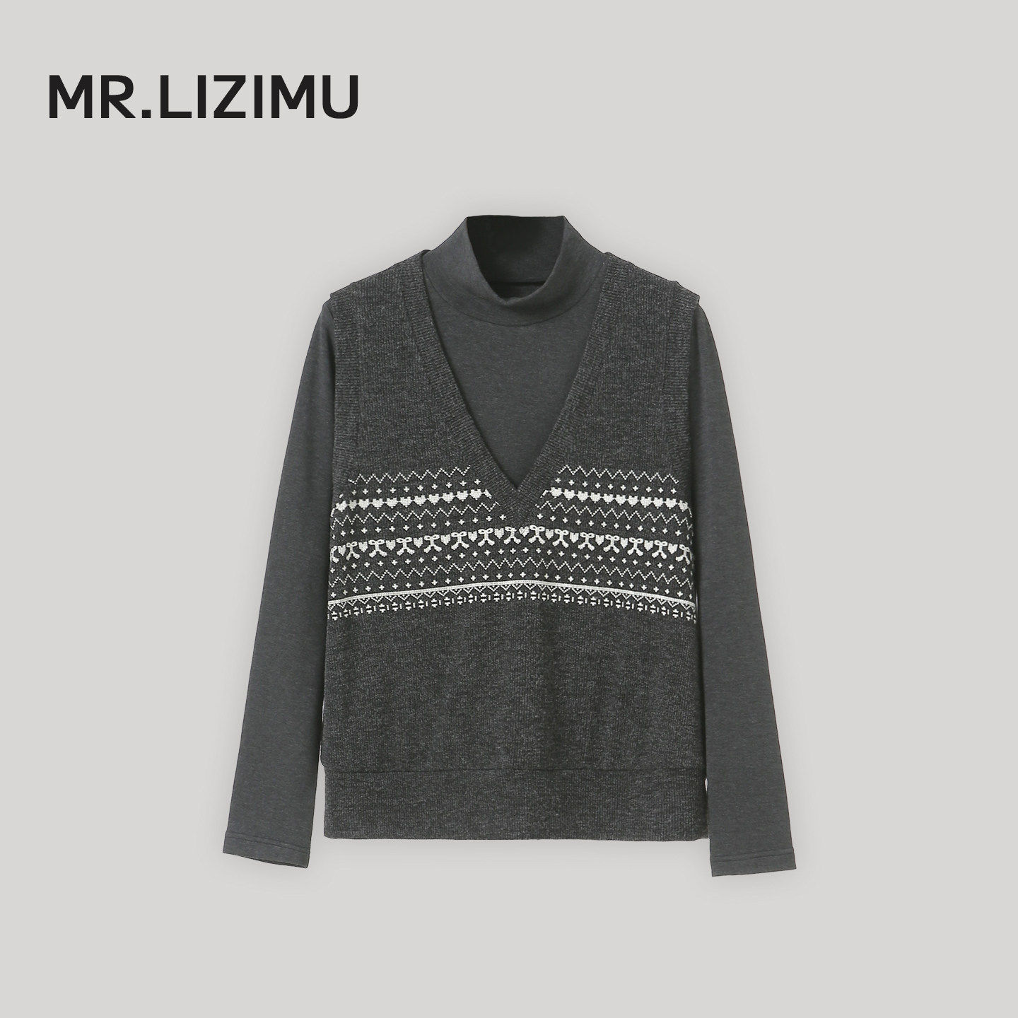 李子木先生半高领保暖打底衫女冬季百搭磨毛加绒假两件上衣针织衫