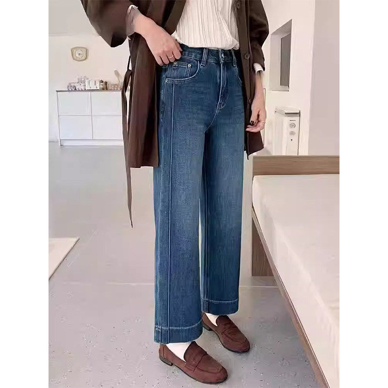 蓝色窄版直筒牛仔裤女冬季加绒大尺码胖mm高腰弹力小个子九分阔腿