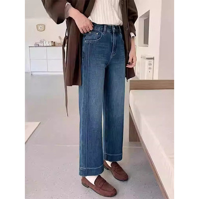 蓝色窄版直筒牛仔裤女冬