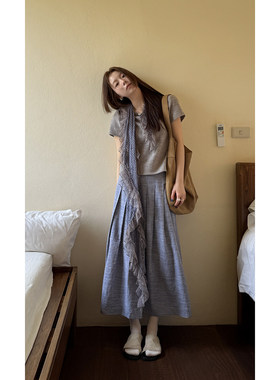 Hellooo Eat 清爽蓝紫调格子半裙2025复古压褶格纹显瘦半身长裙