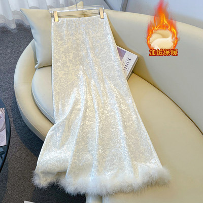 白色新中式丝绒半身裙女