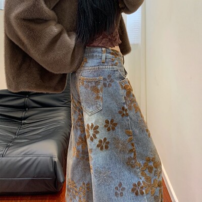 美式复古提花阔腿牛仔裤