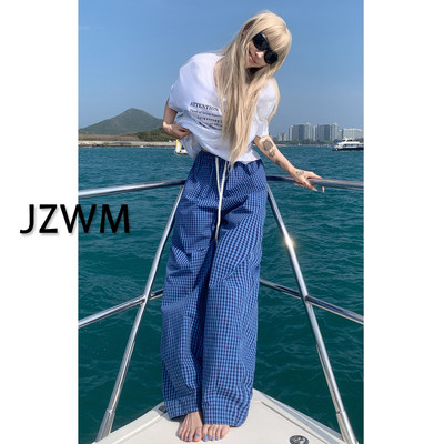JZWM美式蓝色格子复古慵