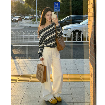 白色高腰直筒牛仔裤女202