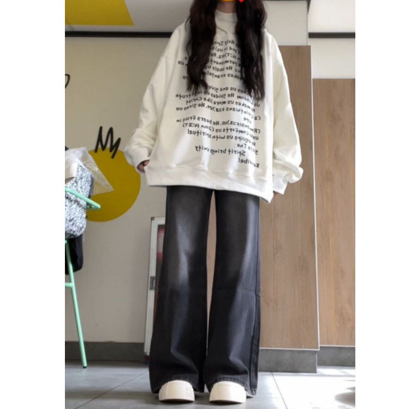 黑灰色阔腿牛仔裤女春秋2025新款宽松初中高中学生小个子直筒裤子