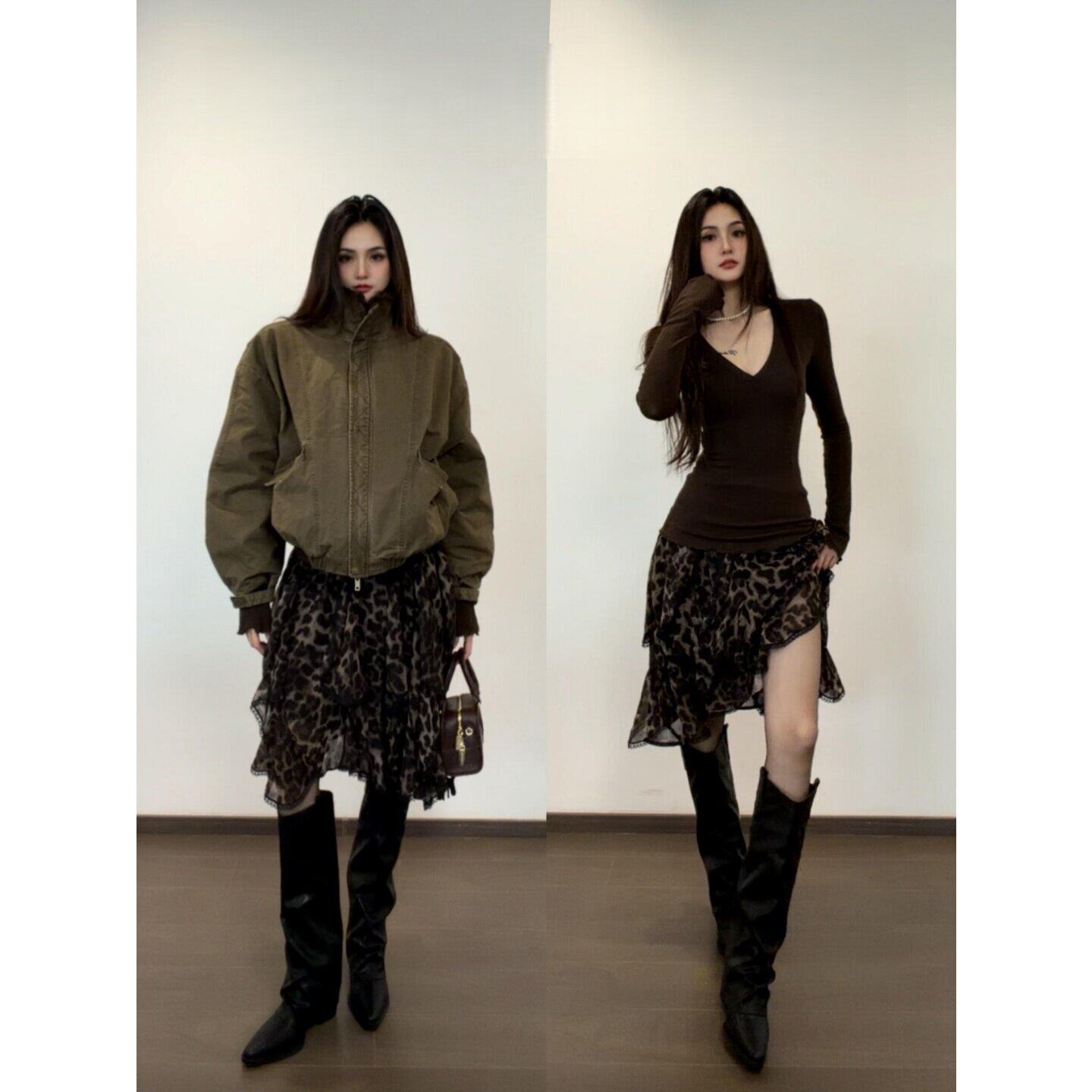 美式辣妹不规则豹纹半身裙女秋冬季小个子高腰显瘦荷叶边短款裙子