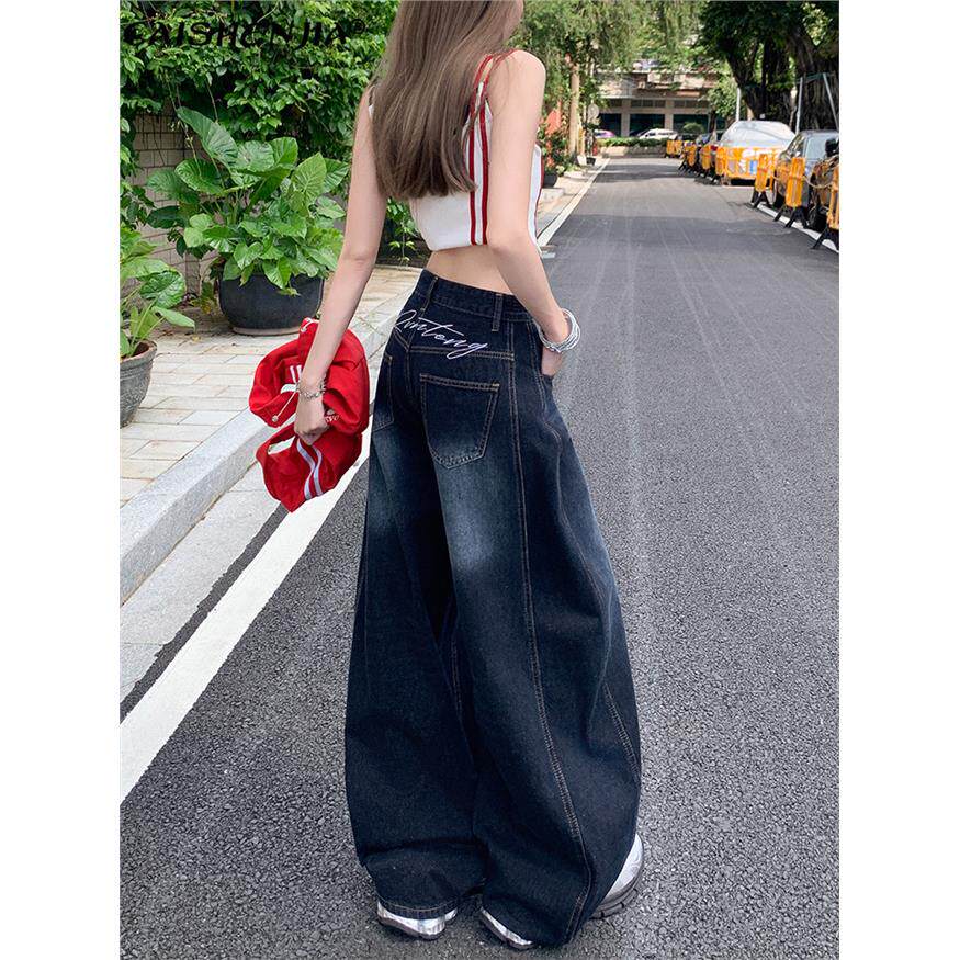 美式刺绣弯刀阔腿牛仔裤女2025秋季新款高腰宽松直筒镰刀拖地裤子