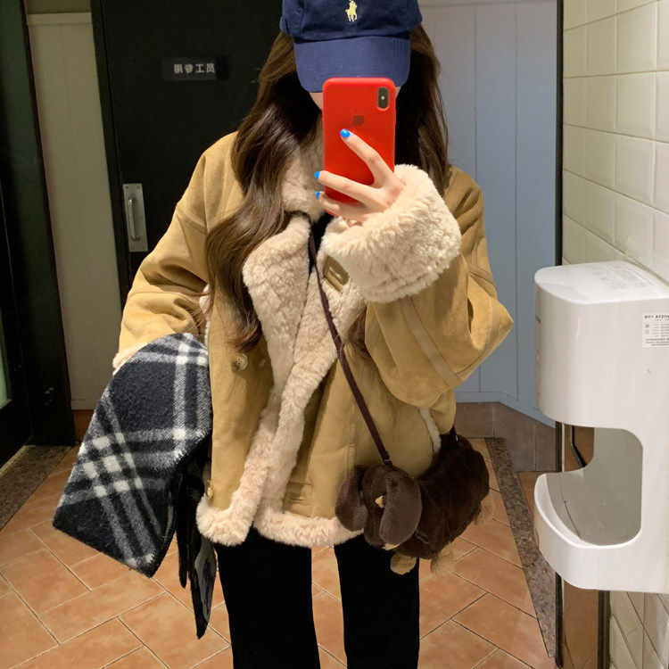 韩系麂皮绒羊羔毛外套女冬短款宽松休闲皮毛一体机车毛绒保暖上衣