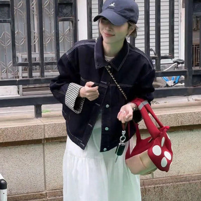 覆古格子拼接袖牛仔短款