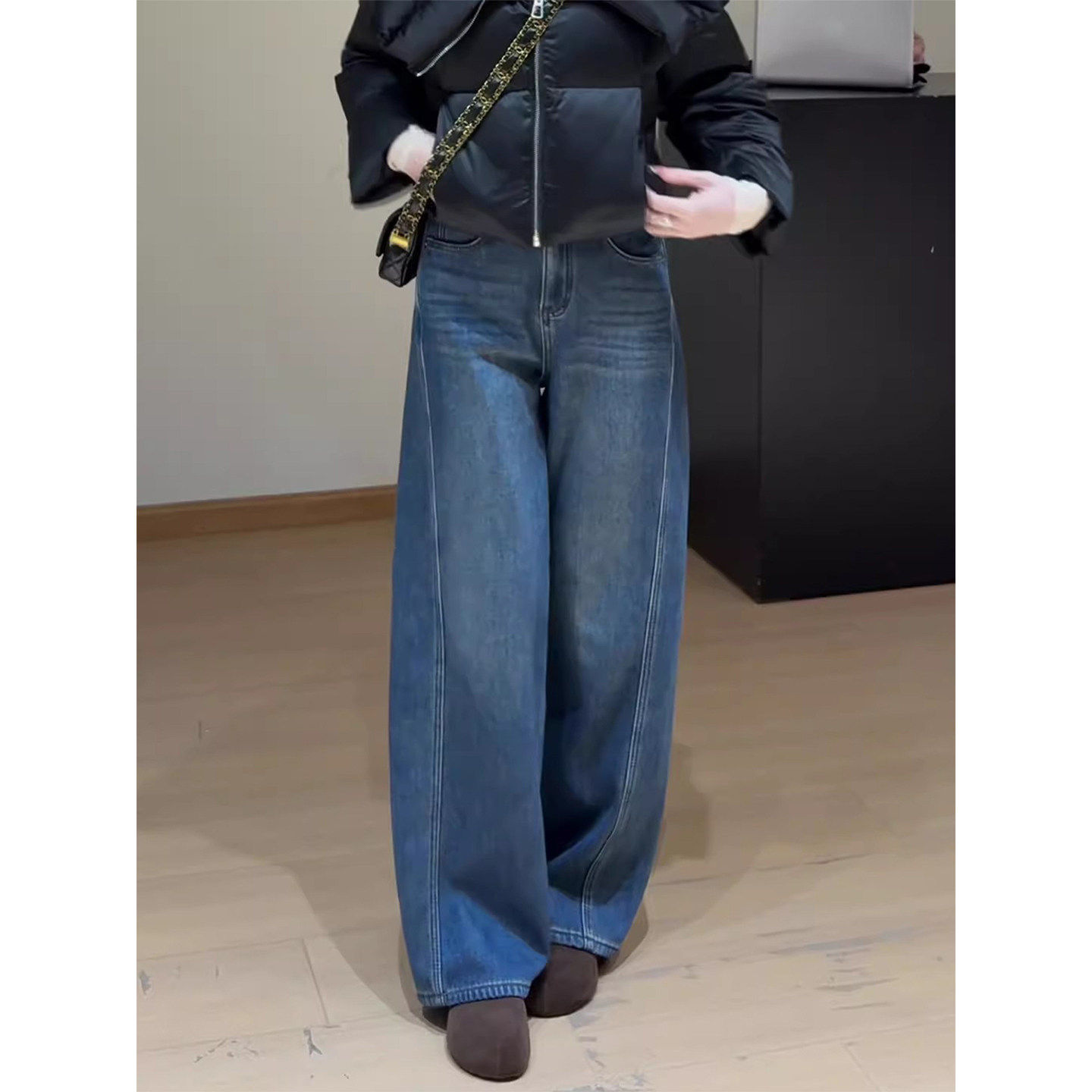 高腰复古蓝阔腿牛仔裤女春季新款大码胖mm显瘦宽松遮肉窄版直筒裤