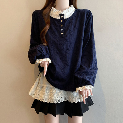 藏青色假两件提花衬衫女2