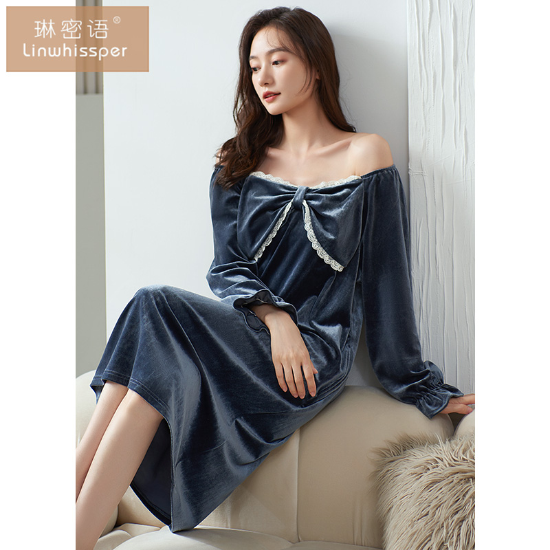 春秋金丝绒长袖轻奢睡裙